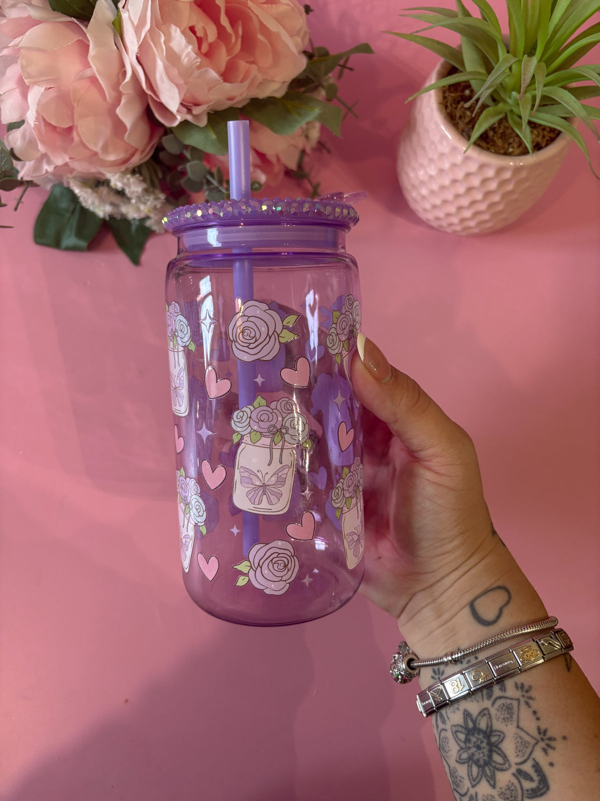 Roses & Butterflies 16oz Libbey Can - Plastic