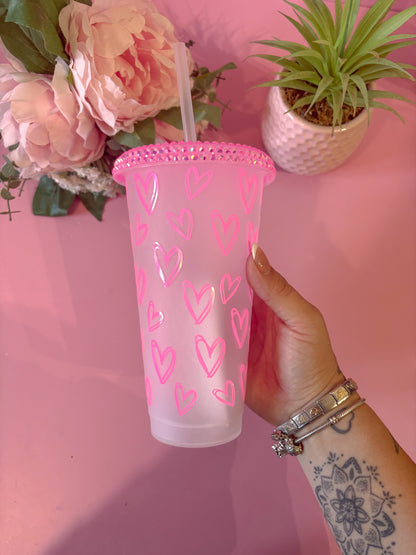 Hot Pink Doodle Hearts 24oz Cold Cup