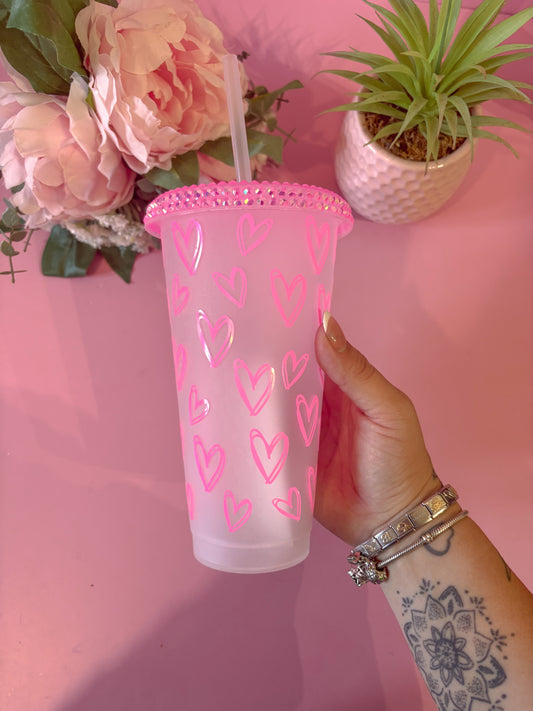 Hot Pink Doodle Hearts 24oz Cold Cup
