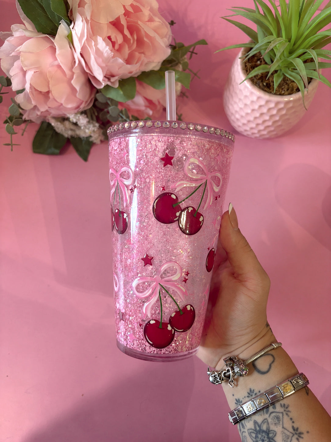 Cherries & Bows 16oz Snowglobe tumbler